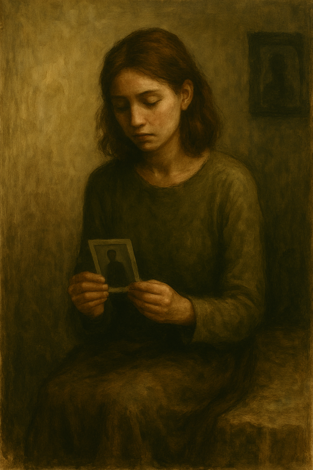 Mujer contemplando fotografía antigua