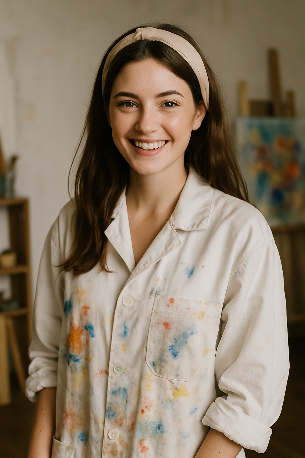 Mujer sonriente en estudio artístico
